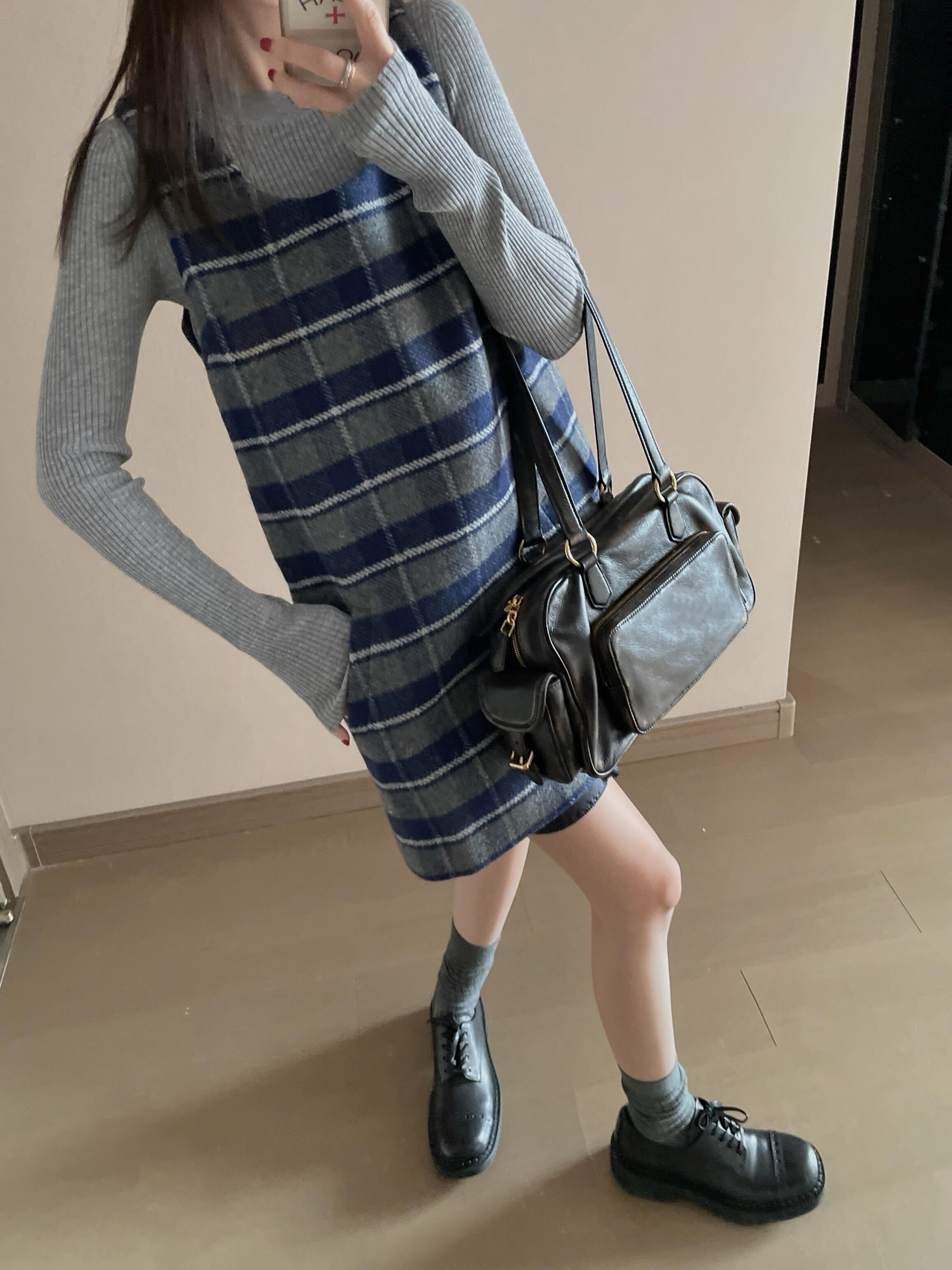 Wool Plaid Pinafore Dress, Collared Knit Polo Shirt & Tartan Mini Skirt Set - Preppy Style Woolen 3-Piece Collection