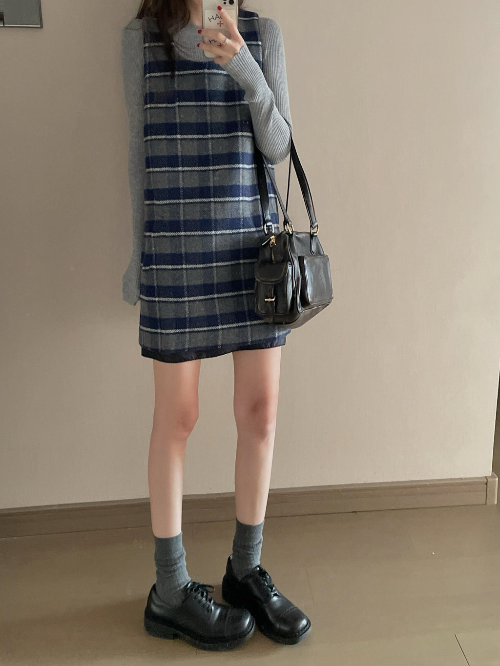 Wool Plaid Pinafore Dress, Collared Knit Polo Shirt & Tartan Mini Skirt Set - Preppy Style Woolen 3-Piece Collection