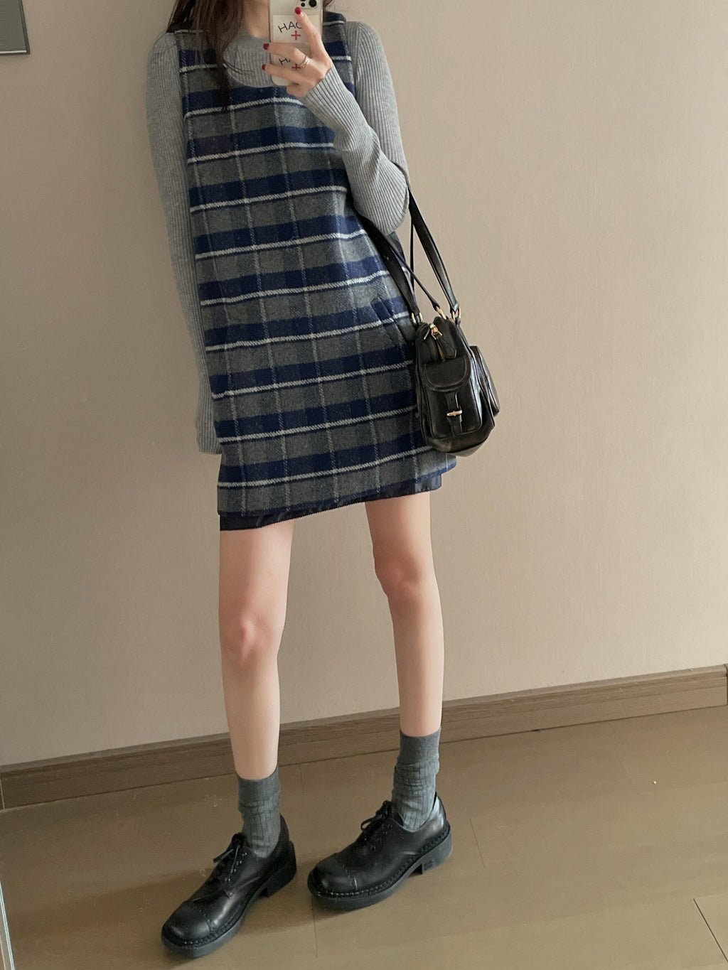 Wool Plaid Pinafore Dress, Collared Knit Polo Shirt & Tartan Mini Skirt Set - Preppy Style Woolen 3-Piece Collection