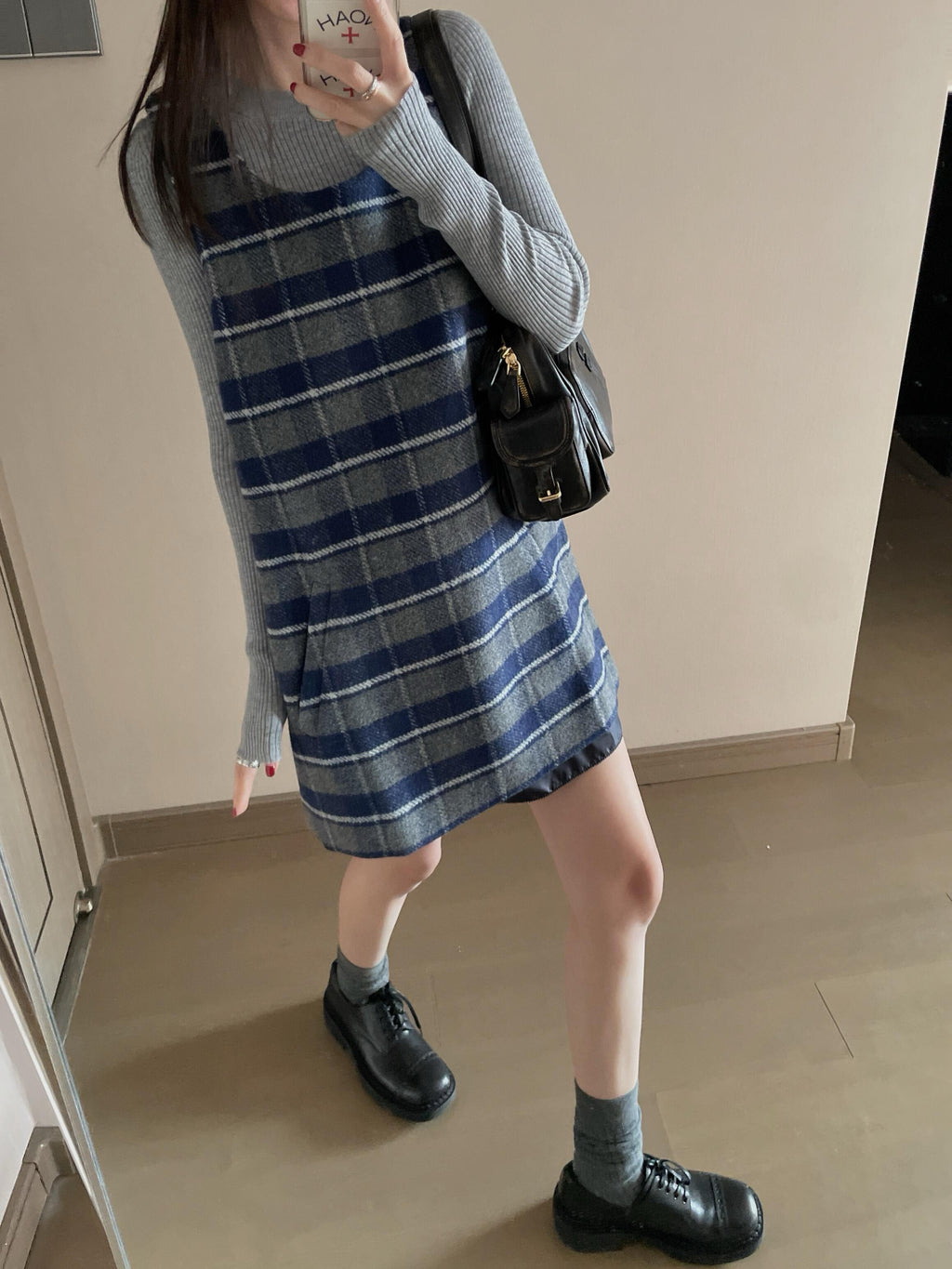 Wool Plaid Pinafore Dress, Collared Knit Polo Shirt & Tartan Mini Skirt Set - Preppy Style Woolen 3-Piece Collection