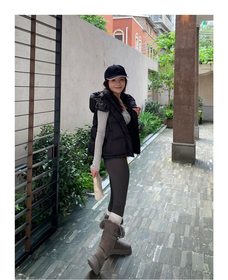 Winter Wund Puff Duck Down Four-Grid Vest Down Jacket Puff Hooded Short Coat for Women