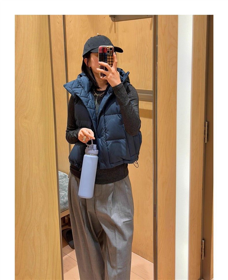 Winter Wund Puff Duck Down Four-Grid Vest Down Jacket Puff Hooded Short Coat for Women