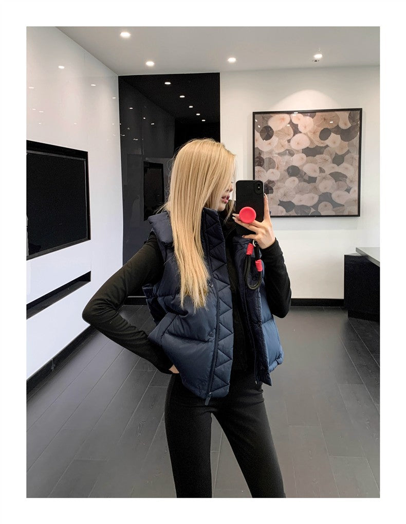 Winter Wund Puff Duck Down Four-Grid Vest Down Jacket Puff Hooded Short Coat for Women