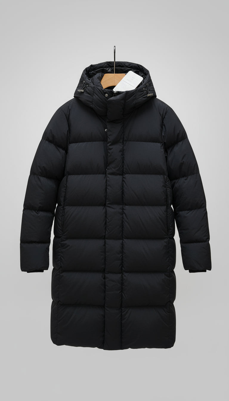 Winter Long Duck Down Jacket With 7 horizontal baffles Hooded Warm Puffy Unisex Black White Grey Easy Clean 850FP model 2360