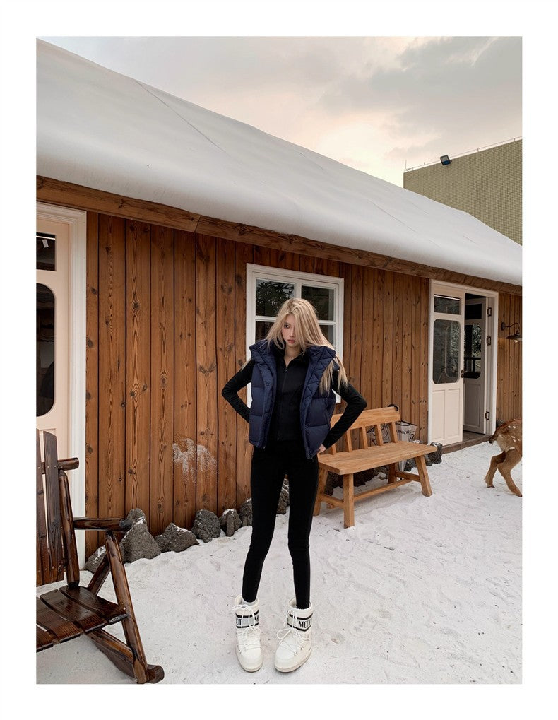 Winter Wund Puff Duck Down Four-Grid Vest Down Jacket Puff Hooded Short Coat for Women