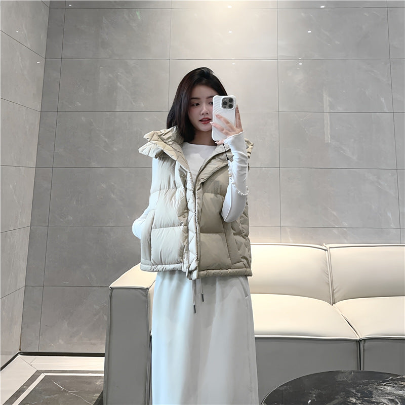 Winter Wund Puff Duck Down Four-Grid Vest Down Jacket Puff Hooded Short Coat for Women