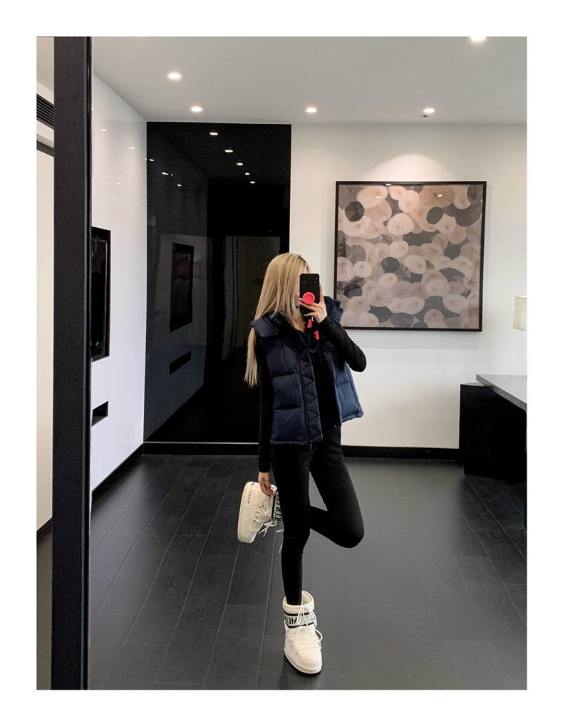 Winter Wund Puff Duck Down Four-Grid Vest Down Jacket Puff Hooded Short Coat for Women