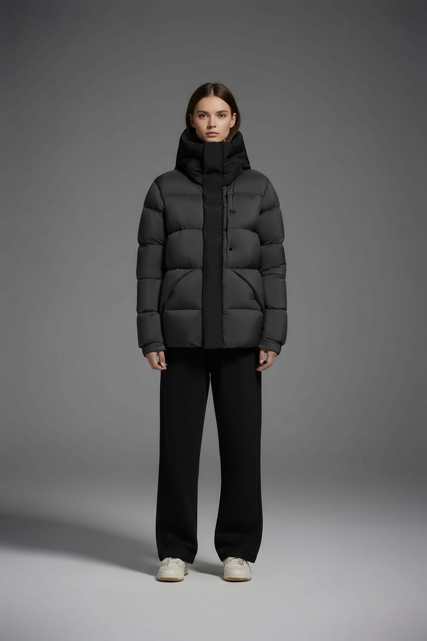 Goose Down Jacket Coat Warm Black Dark Color Unisex Hooded 850FP Toasty Cozy Soft Downy Lightweight model 2319