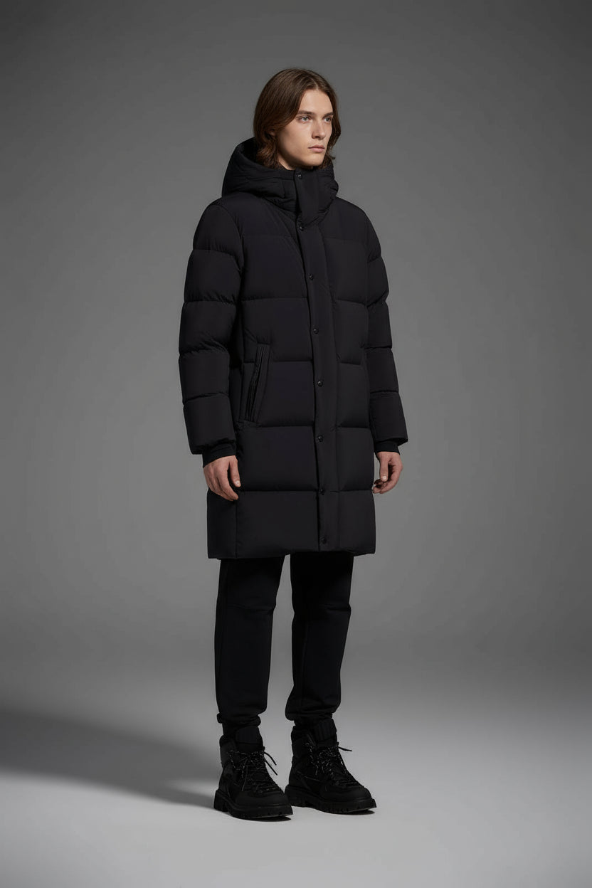 Long Duck Down Jacket With  6 horizontal baffles Hooded 850FP Warm Puffy Unisex Black Pocket Woman Man Easy Clean model 2323
