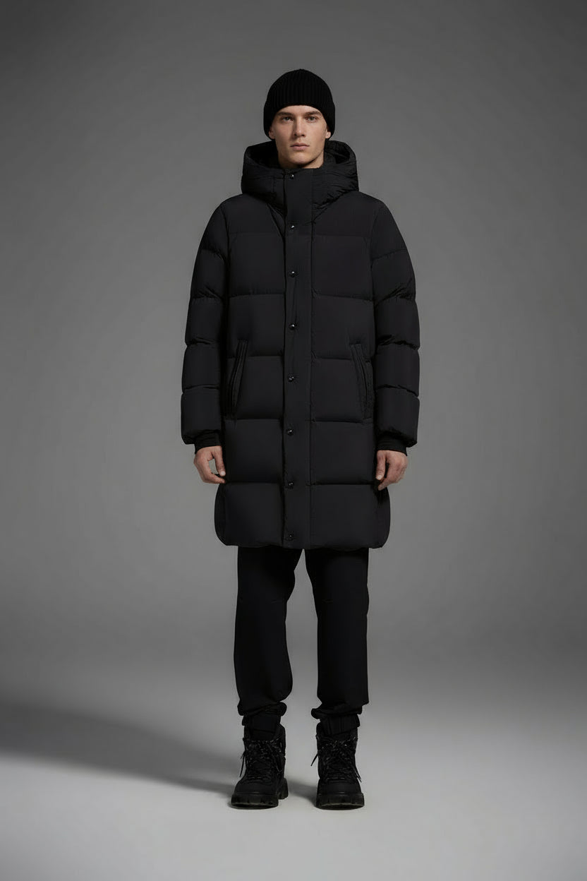 Long Duck Down Jacket With  6 horizontal baffles Hooded 850FP Warm Puffy Unisex Black Pocket Woman Man Easy Clean model 2323
