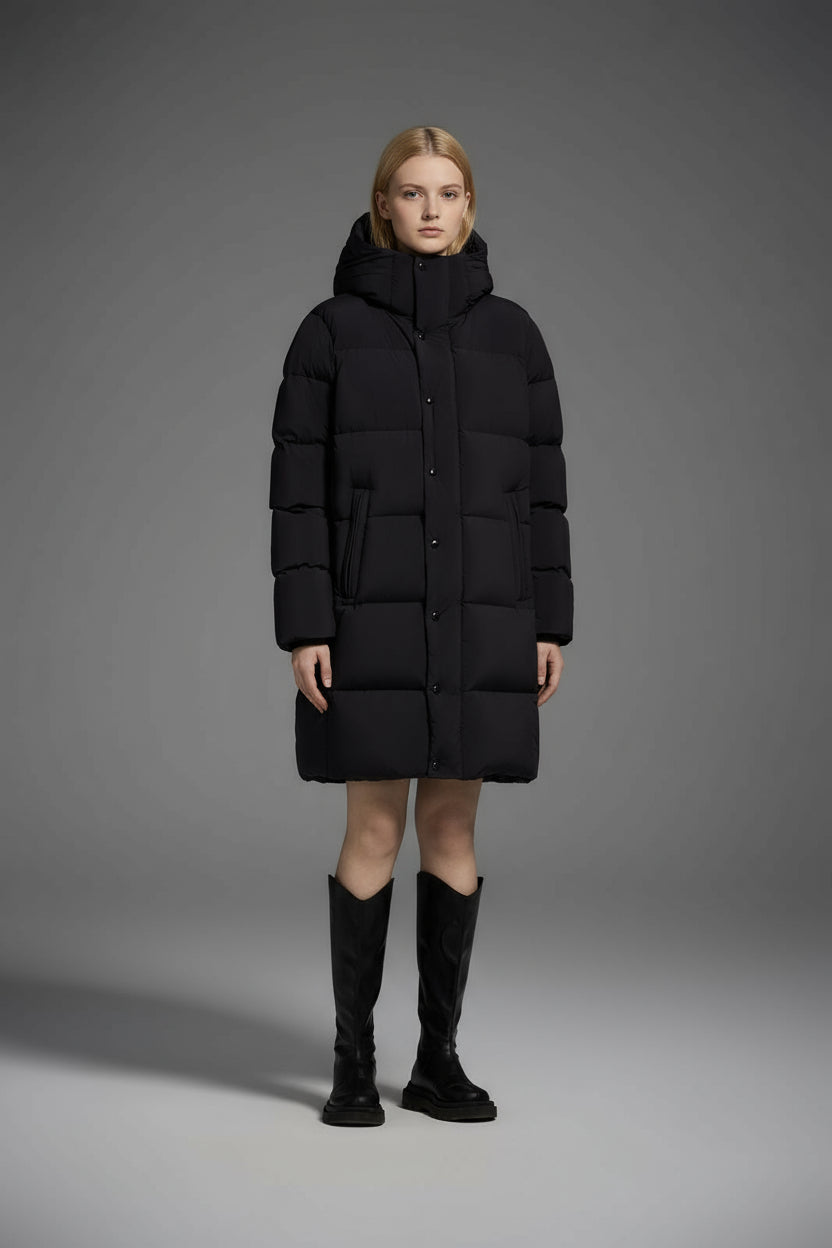Long Duck Down Jacket With  6 horizontal baffles Hooded 850FP Warm Puffy Unisex Black Pocket Woman Man Easy Clean model 2323