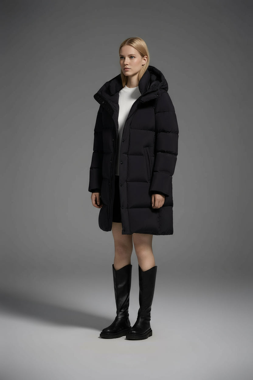 Long Duck Down Jacket With  6 horizontal baffles Hooded 850FP Warm Puffy Unisex Black Pocket Woman Man Easy Clean model 2323