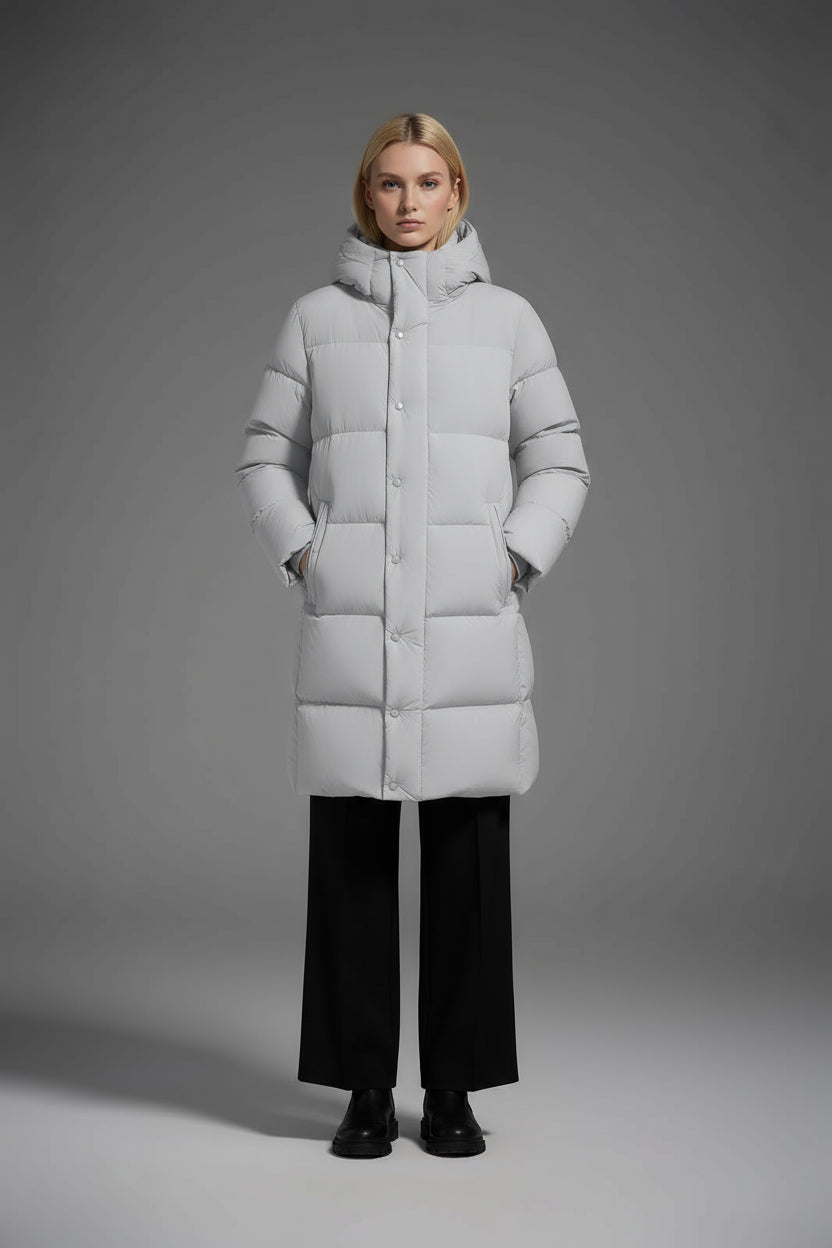 Long Duck Down Jacket With  6 horizontal baffles Hooded 850FP Warm Puffy Unisex Black Pocket Woman Man Easy Clean model 2323