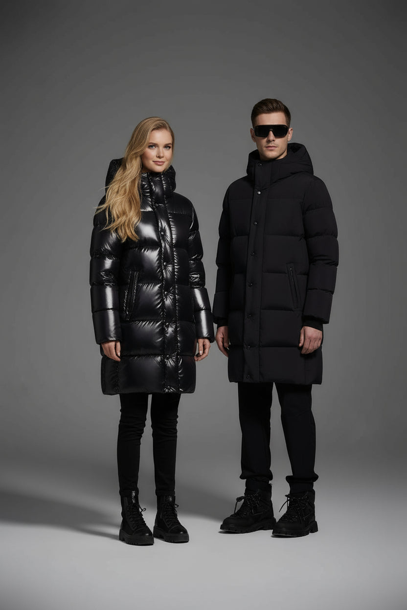 Long Duck Down Jacket With  6 horizontal baffles Hooded 850FP Warm Puffy Unisex Black Pocket Woman Man Easy Clean model 2323