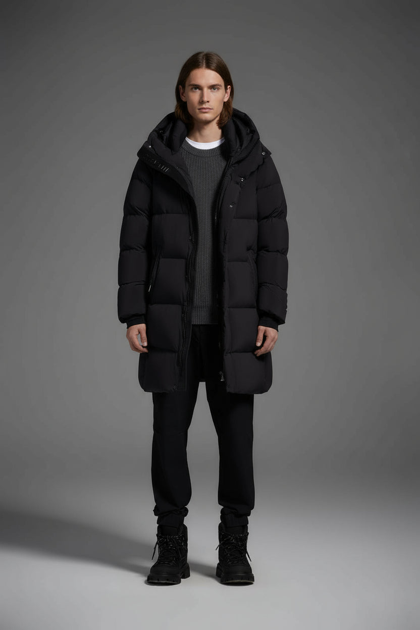Long Duck Down Jacket With  6 horizontal baffles Hooded 850FP Warm Puffy Unisex Black Pocket Woman Man Easy Clean model 2323
