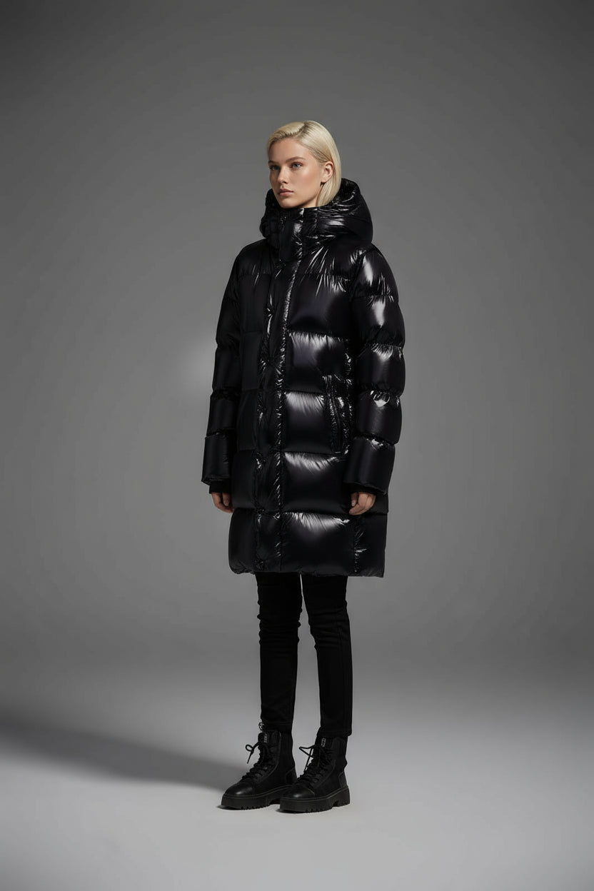 Long Duck Down Jacket With  6 horizontal baffles Hooded 850FP Warm Puffy Unisex Black Pocket Woman Man Easy Clean model 2323