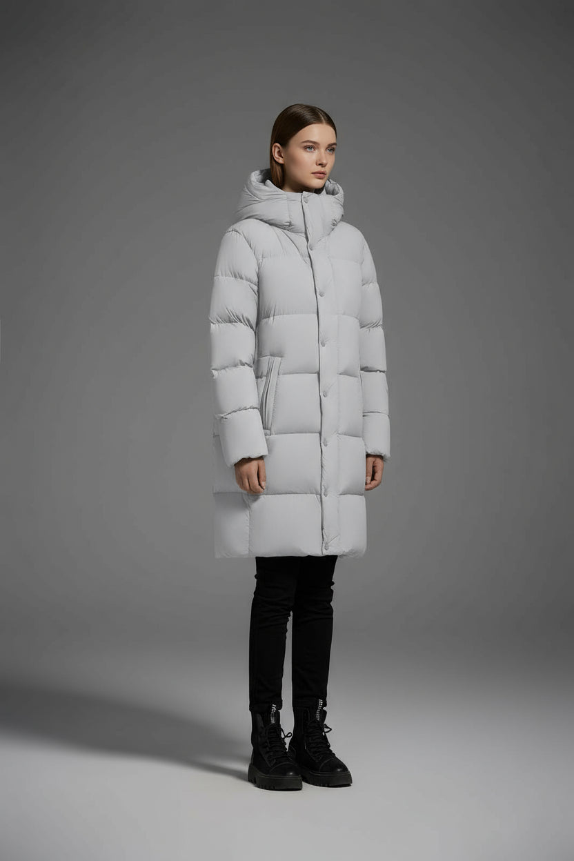 Long Duck Down Jacket With  6 horizontal baffles Hooded 850FP Warm Puffy Unisex Black Pocket Woman Man Easy Clean model 2323