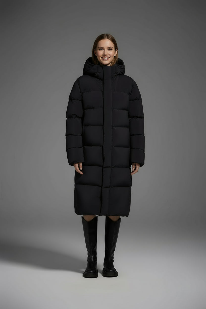 Long Duck Down Jacket With 7  horizontal baffles Hooded Warm Puffy Unisex Women Black White Grey Easy Clean 850FP model2360