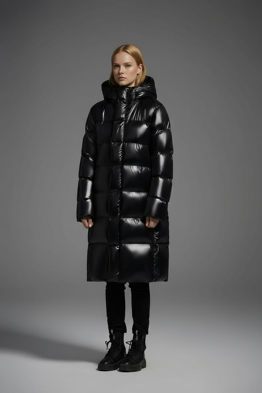 Winter Long Duck Down Jacket With 7 horizontal baffles Hooded Warm Puffy Unisex Black White Grey Easy Clean 850FP model 2360