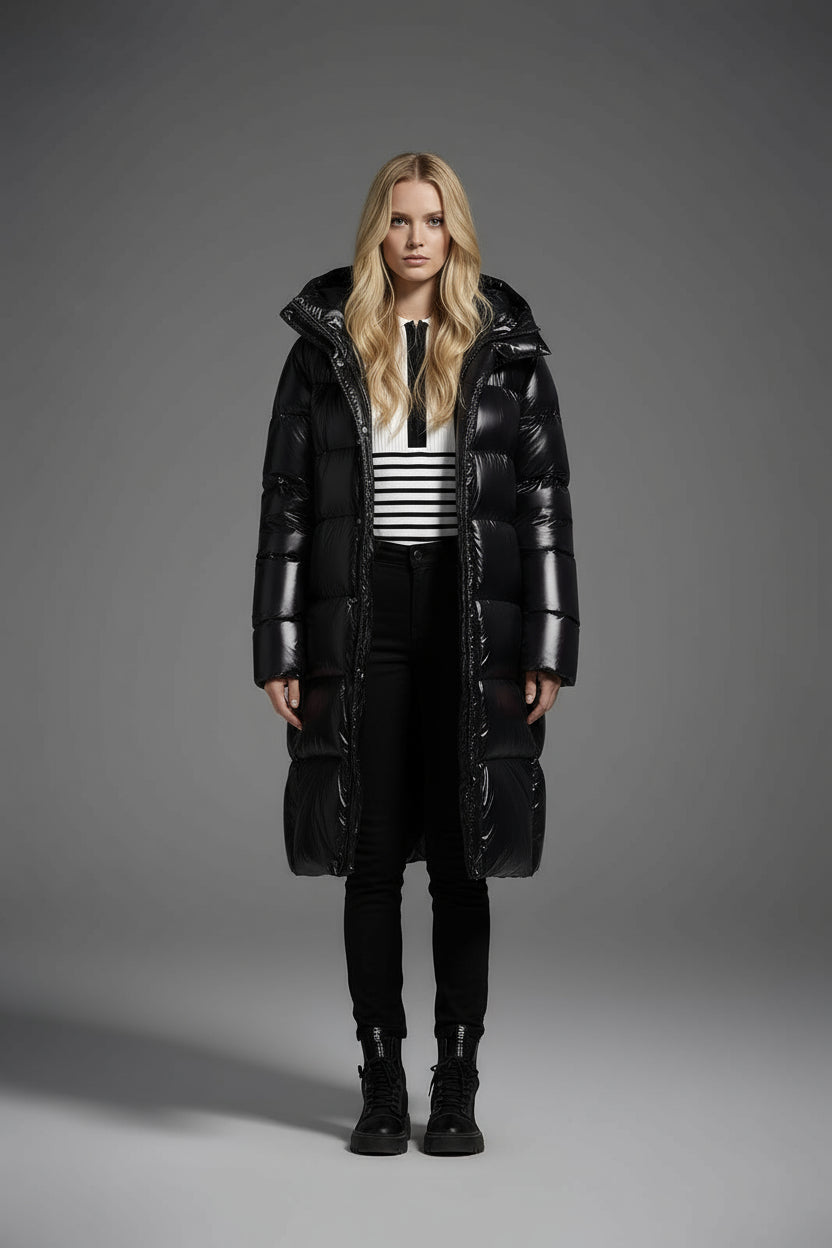 Winter Long Duck Down Jacket With 7 horizontal baffles Hooded Warm Puffy Unisex Black White Grey Easy Clean 850FP model 2360
