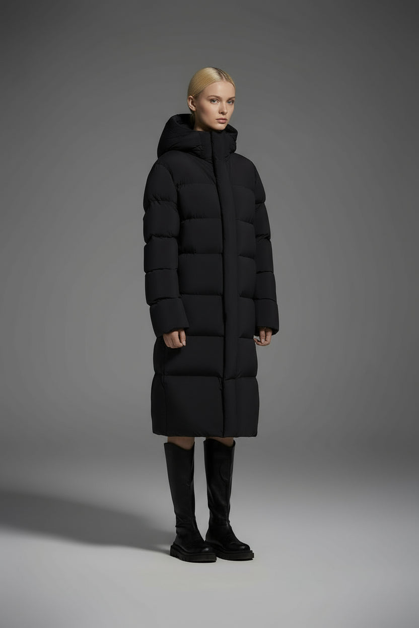 Winter Long Duck Down Jacket With 7 horizontal baffles Hooded Warm Puffy Unisex Black White Grey Easy Clean 850FP model 2360