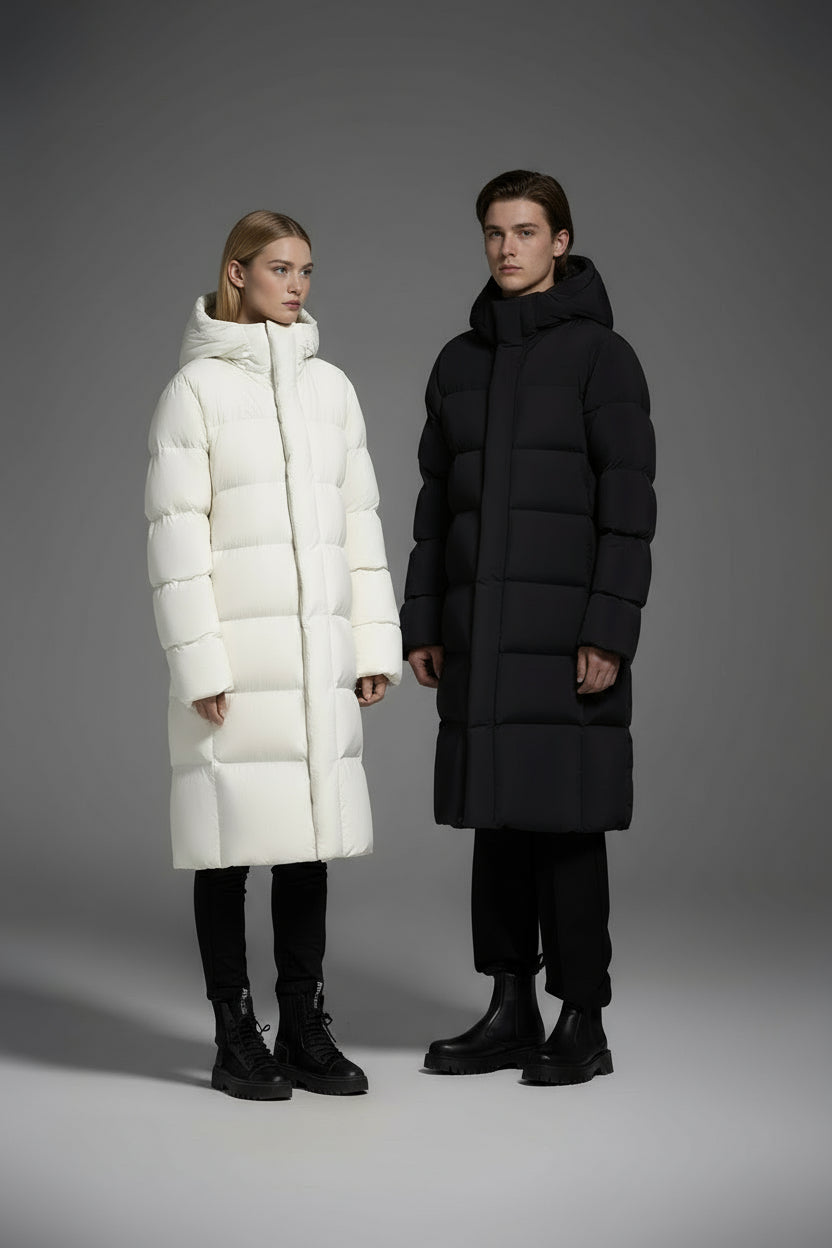 Long Duck Down Jacket With 7  horizontal baffles Hooded Warm Puffy Unisex Women Black White Grey Easy Clean 850FP model2360