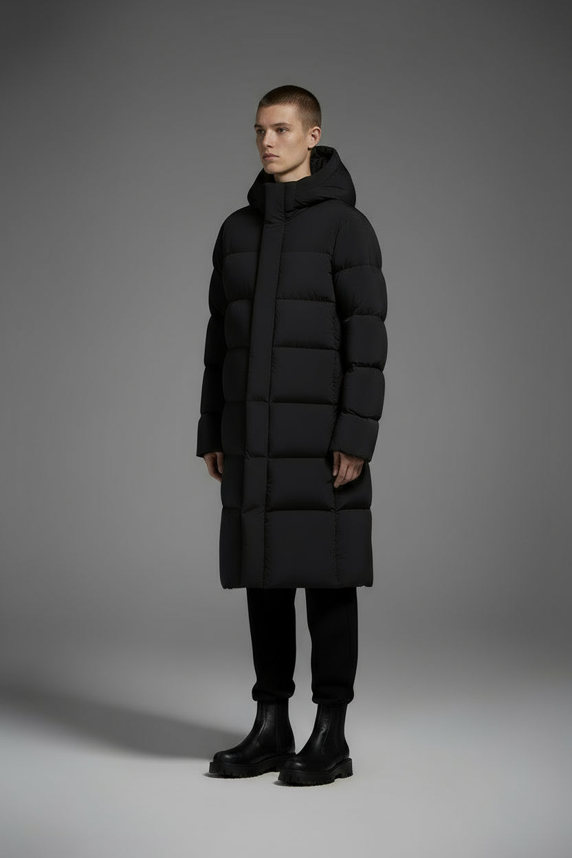 Long Duck Down Jacket With 7  horizontal baffles Hooded Warm Puffy Unisex Women Black White Grey Easy Clean 850FP model2360