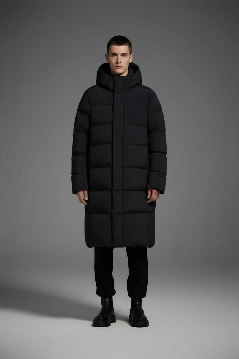 Winter Long Duck Down Jacket With 7 horizontal baffles Hooded Warm Puffy Unisex Black White Grey Easy Clean 850FP model 2360