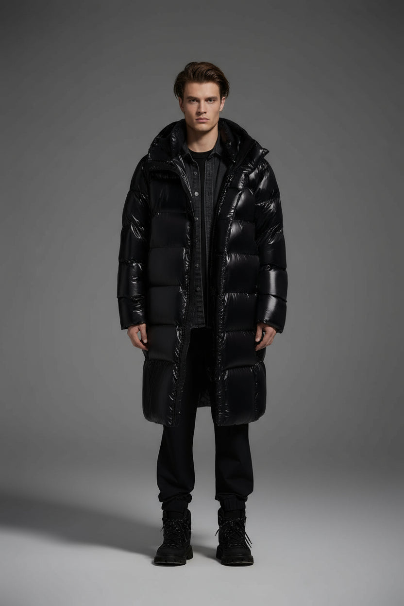Winter Long Duck Down Jacket With 7 horizontal baffles Hooded Warm Puffy Unisex Black White Grey Easy Clean 850FP model 2360