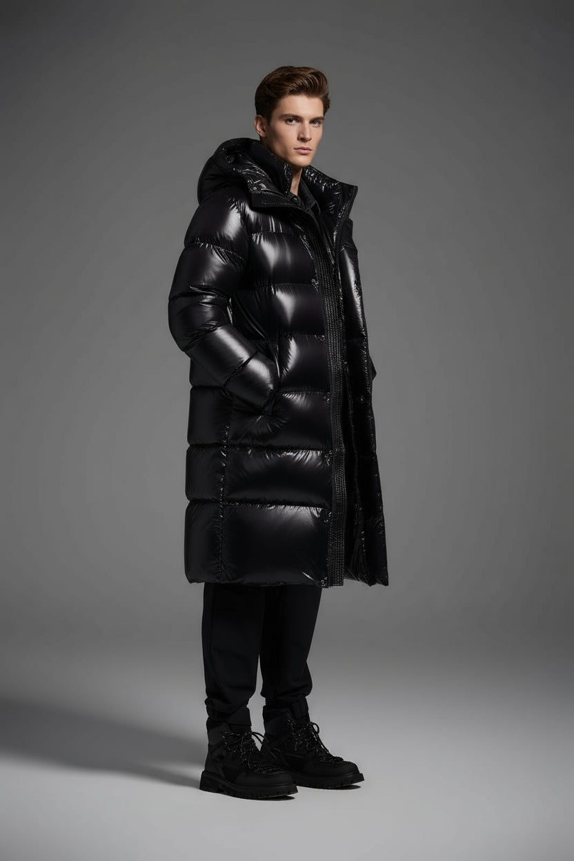 Winter Long Duck Down Jacket With 7 horizontal baffles Hooded Warm Puffy Unisex Black White Grey Easy Clean 850FP model 2360