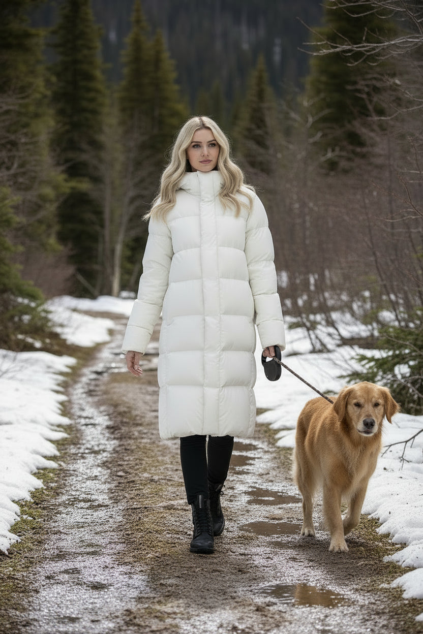 Long Duck Down Jacket With 7  horizontal baffles Hooded Warm Puffy Unisex Women Black White Grey Easy Clean 850FP model2360