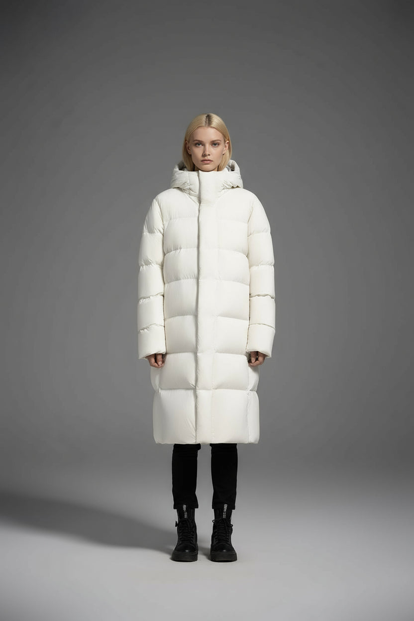 Long Duck Down Jacket With 7  horizontal baffles Hooded Warm Puffy Unisex Women Black White Grey Easy Clean 850FP model2360