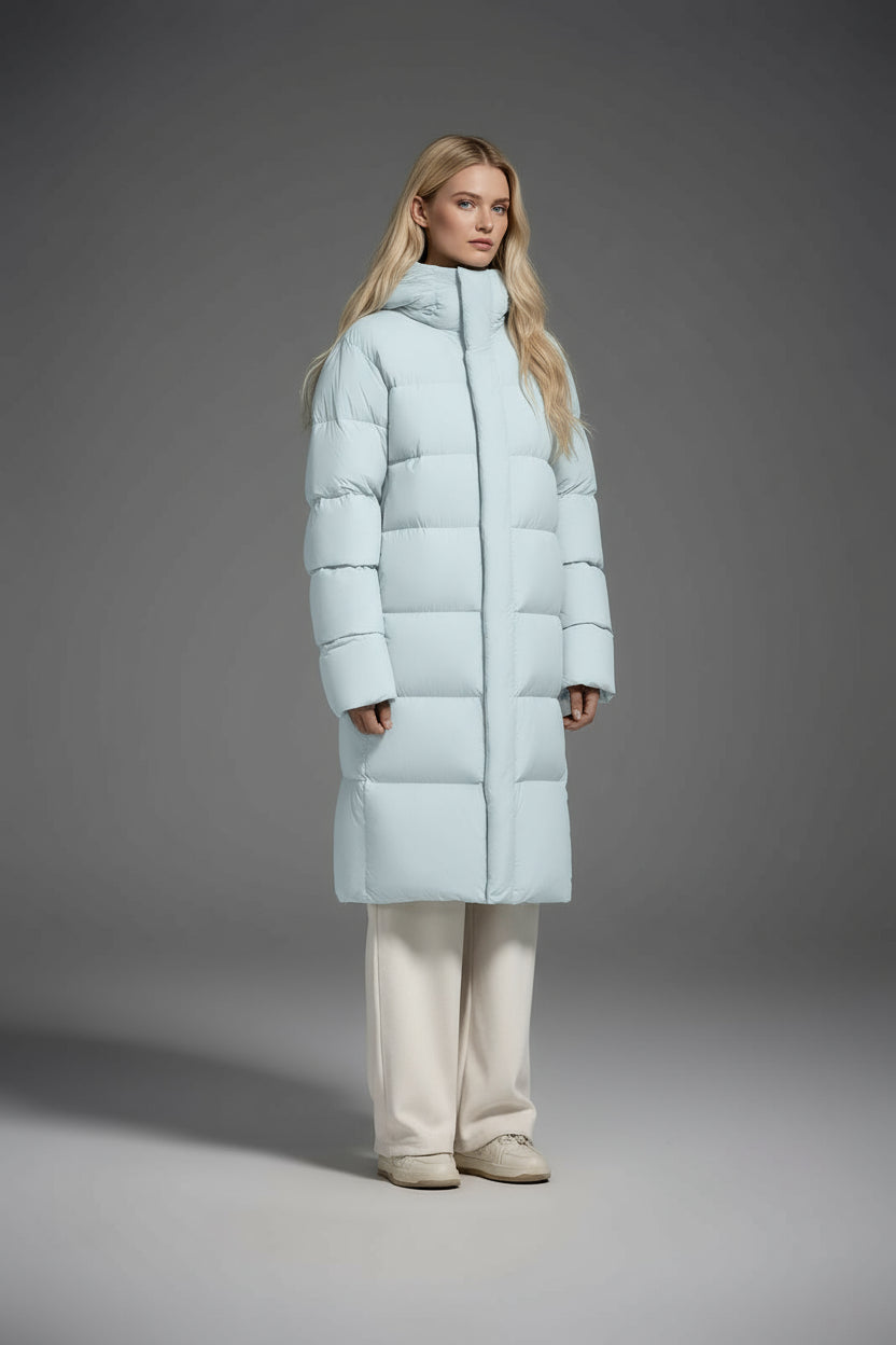 Long Duck Down Jacket With 7  horizontal baffles Hooded Warm Puffy Unisex Women Black White Grey Easy Clean 850FP model2360